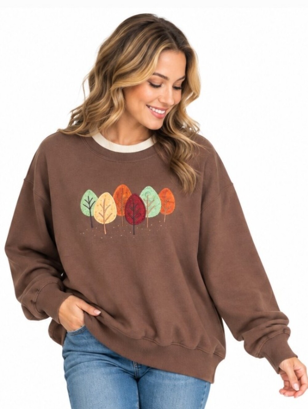 Top Stitch XL Chocolate Brown Embroidered Trees Sweatshirt ● Storage Fading